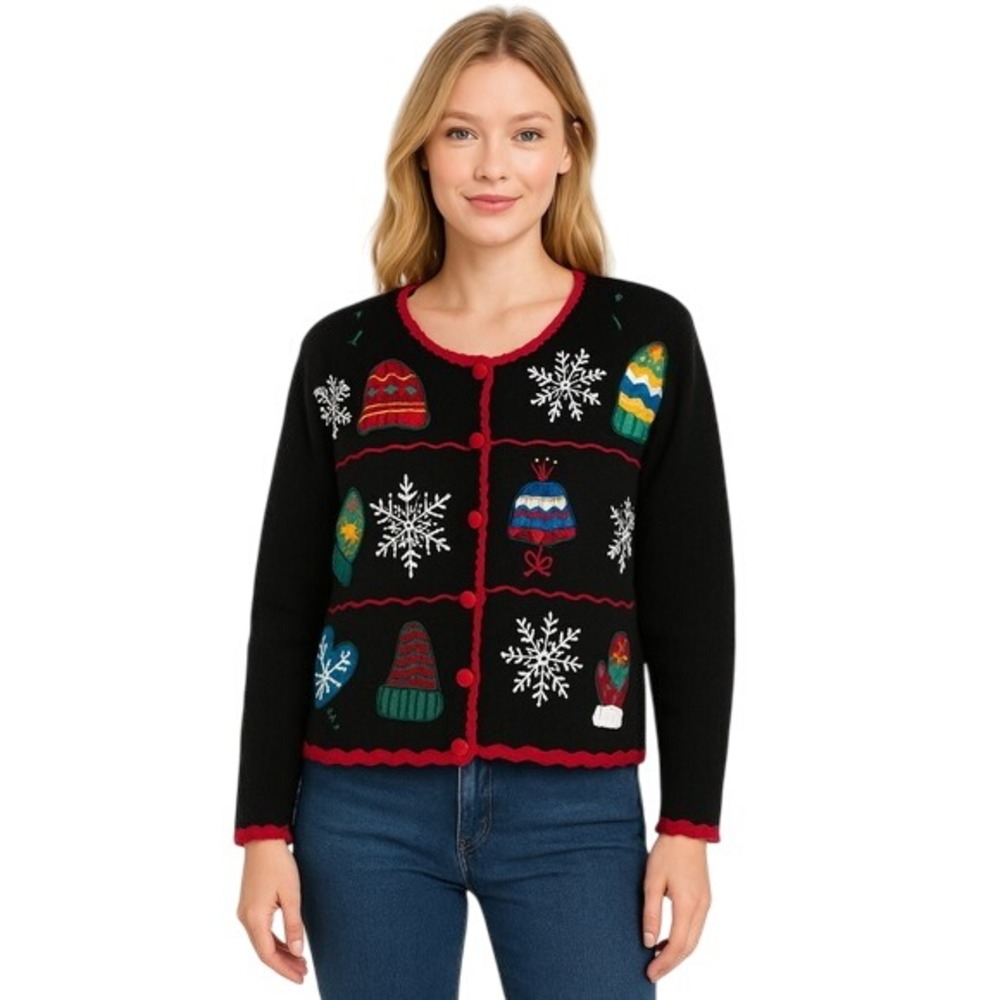 Christmas Sweater Cardigan Black Red Snowflake Mitten Bell Holiday